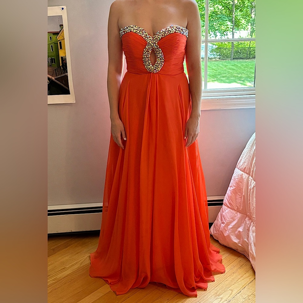 Orange strapless silk chiffon gown with crystal top!